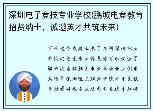 深圳电子竞技专业学校(鹏城电竞教育招贤纳士，诚邀英才共筑未来)
